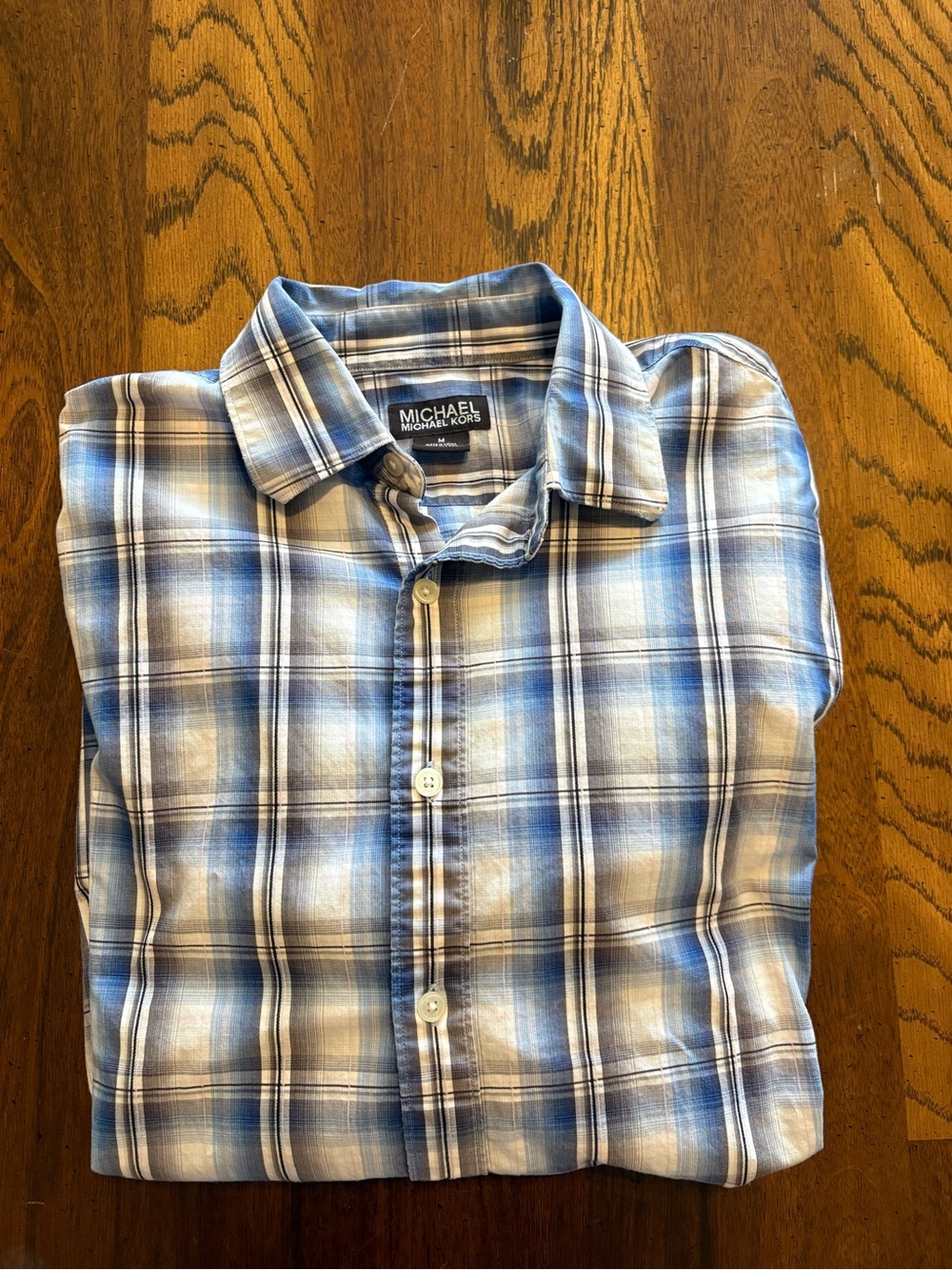 Michael Kors Men’s Blue and White Plaid Button-Down Shirt